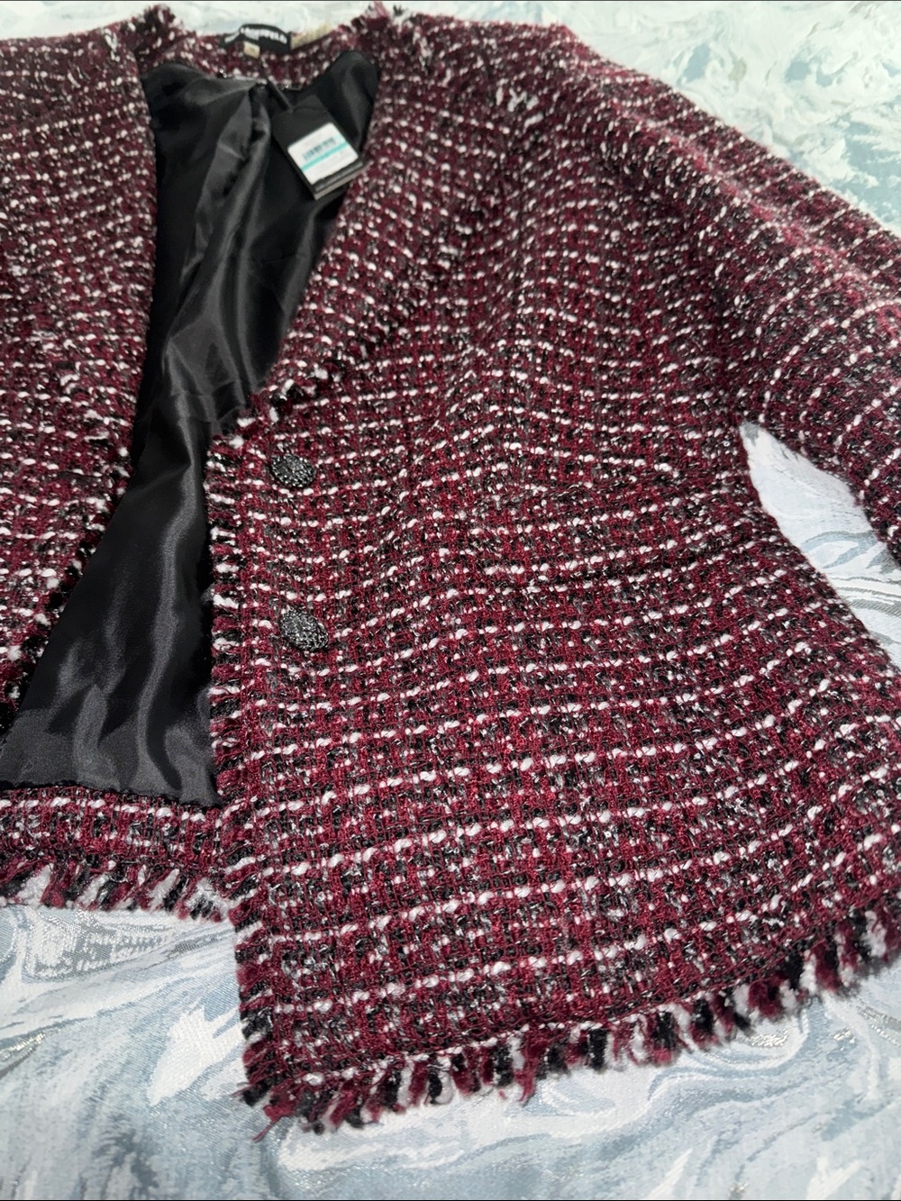 Karl Lagerfield -NWT Tweed Fringe Open-Front Jacket - Burgundy - Picture 4 of 5